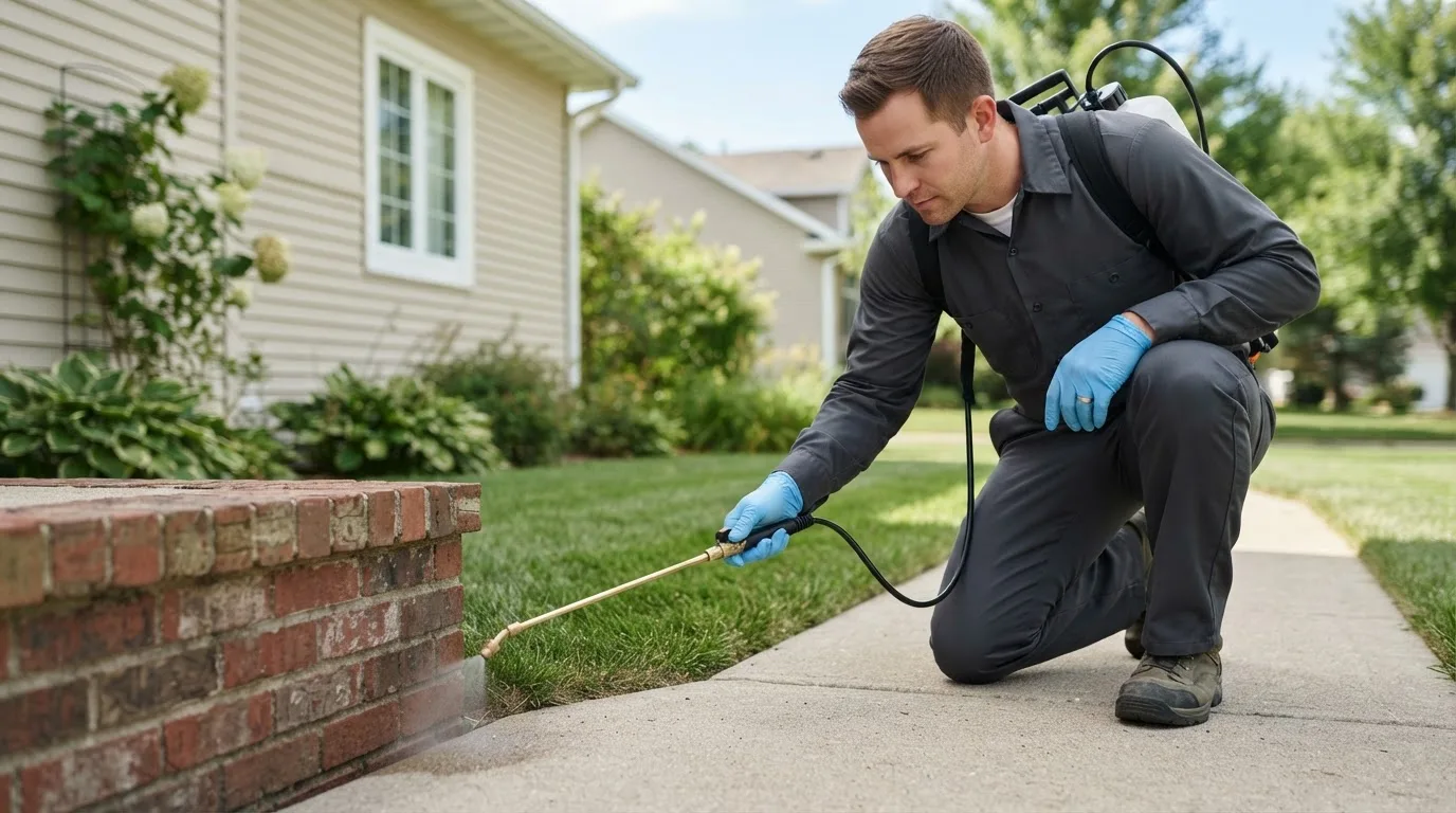 Pest control technician treating a home near Fleming, CO