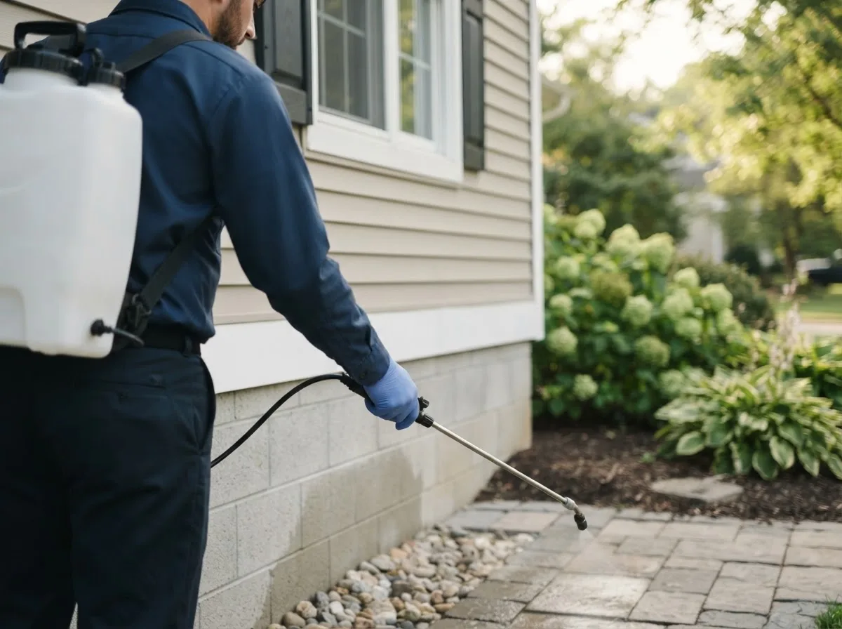 Pest control technician inspecting a home in Fleming, CO
